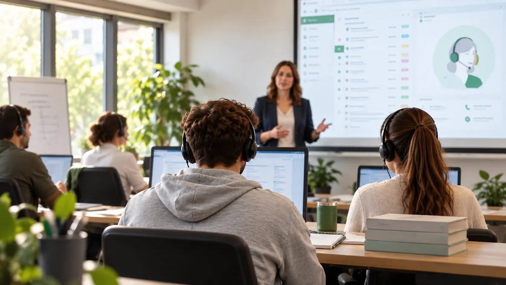 Aula de formación: una formadora presenta el software en pantalla mientras el alumnado practica con auriculares
